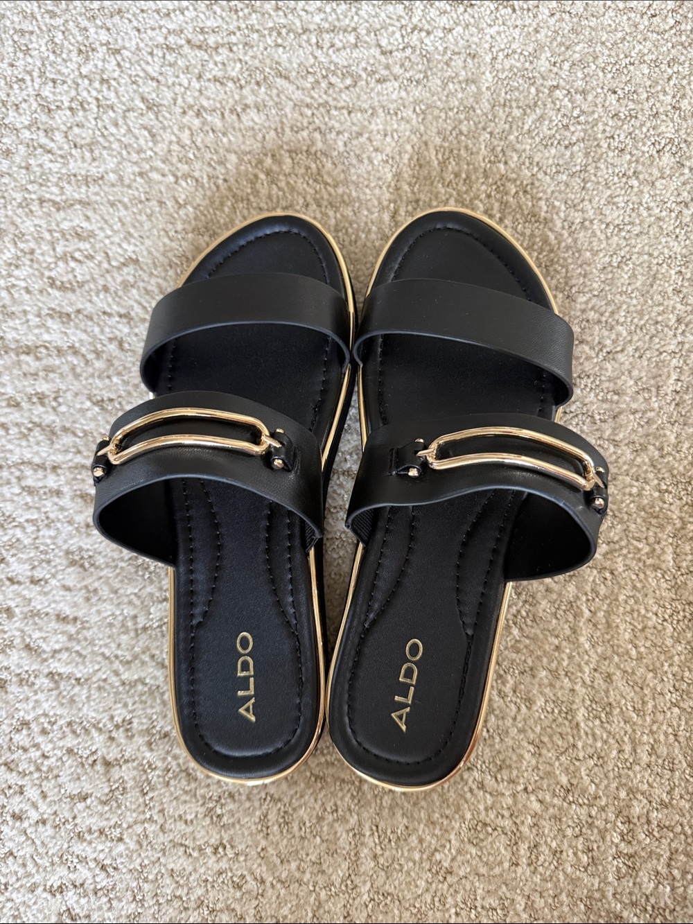 ALDO Black Gold Hardware Flat Slide Sandals